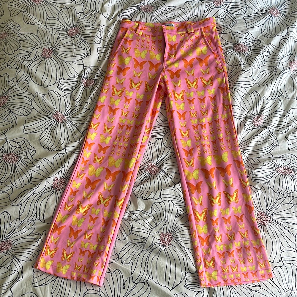 Pink and yellow butterfly omighty pants. Fit like dress pants. Size small.